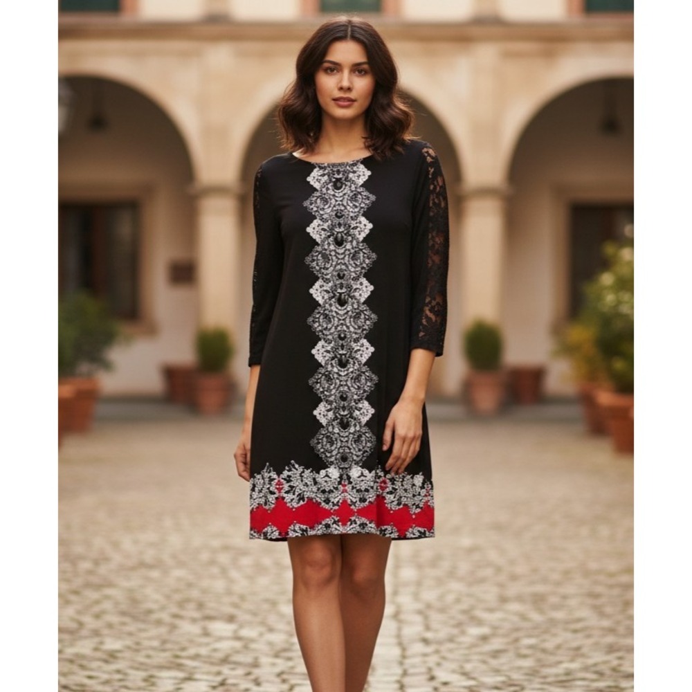 Style Co M Shift Mini Dress Black White Red Beaded Lace Eclectic Boho Retro Chic